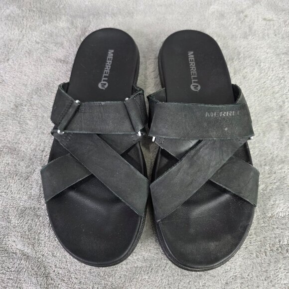 Womens Merrell Black Leather Slide Sandals With Cross Strap Design Size 8 - Picture 4 of 9